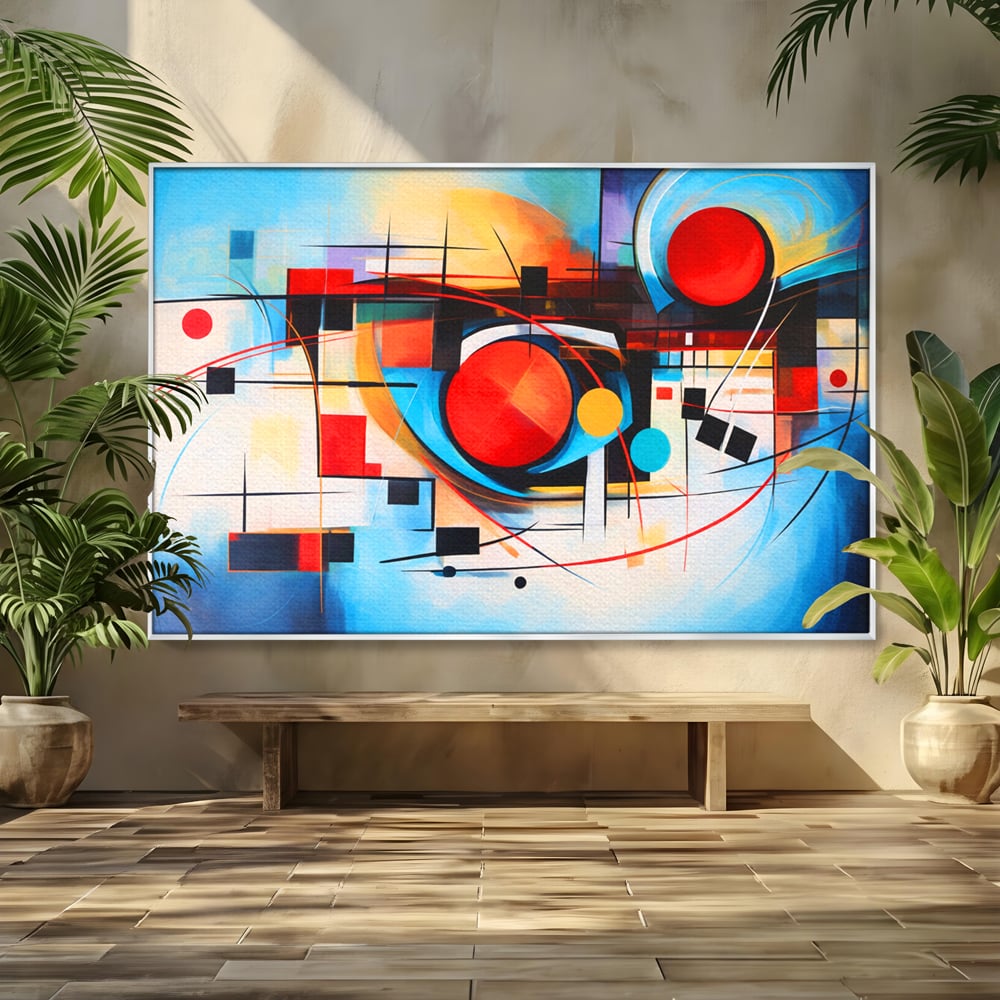 Tablou canvas cu pictura abstracta cu cercuri si linii, in rama de aluminiu argintiu